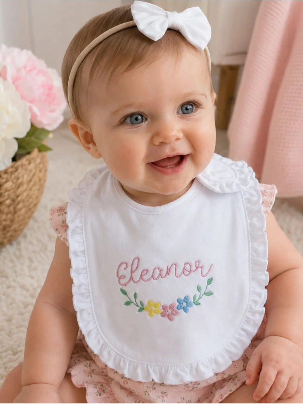 White Ruffled Baby Bib with Floral Embroidery with Eleanor NEW